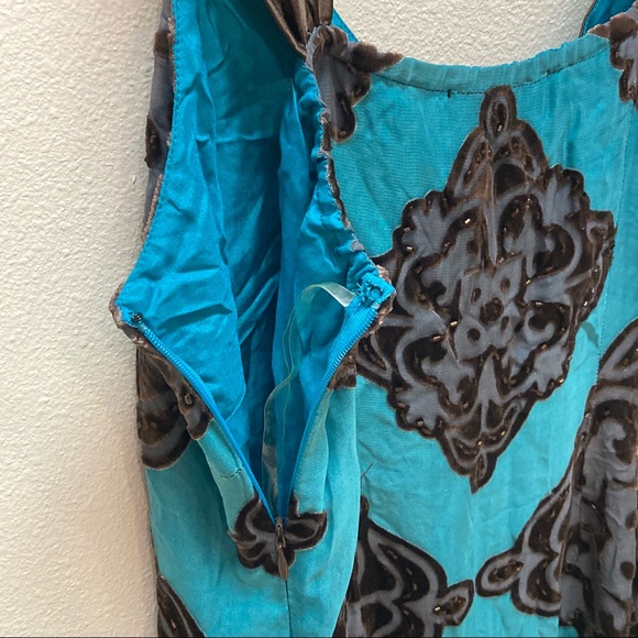 Hale Bob Turquoise Blue & Brown Velvet Beaded Silk Slip Dress - Picture 6 of 9